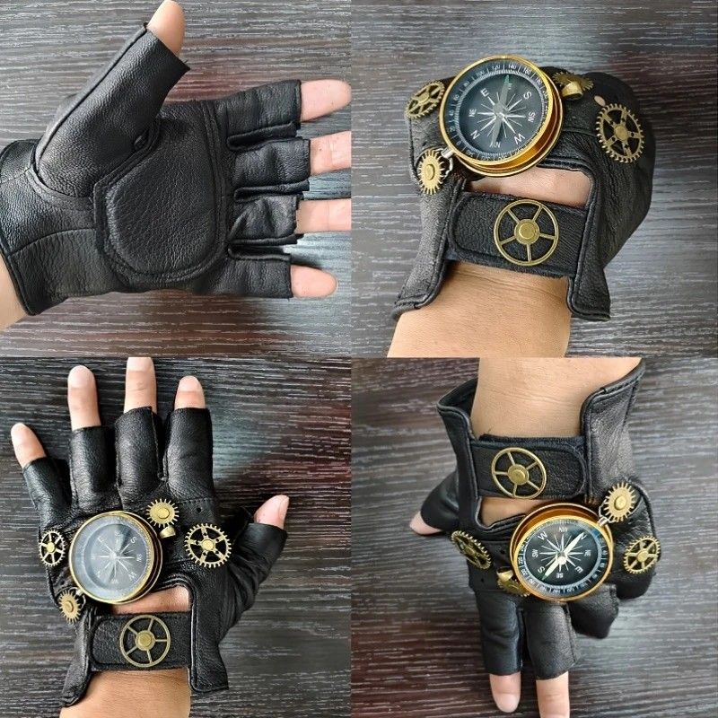 Steampunk Compass Half - Finger Gloves: Pure Sheepskin with Gear Decor, Retro Mechanical Style, Flexible & Versatile。golden