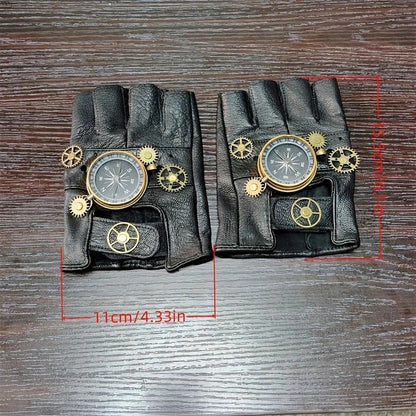Steampunk Compass Half - Finger Gloves: Pure Sheepskin with Gear Decor, Retro Mechanical Style, Flexible & Versatile。golden