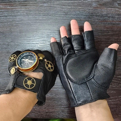 Steampunk Compass Half - Finger Gloves: Pure Sheepskin with Gear Decor, Retro Mechanical Style, Flexible & Versatile。golden