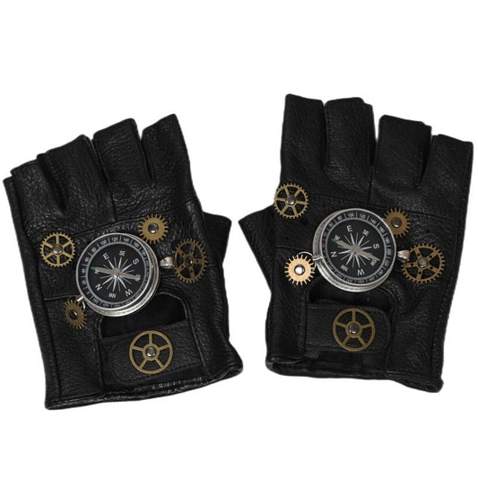 Steampunk Compass Half - Finger Gloves: Pure Sheepskin with Gear Decor, Retro Mechanical Style, Flexible & Versatile。silver
