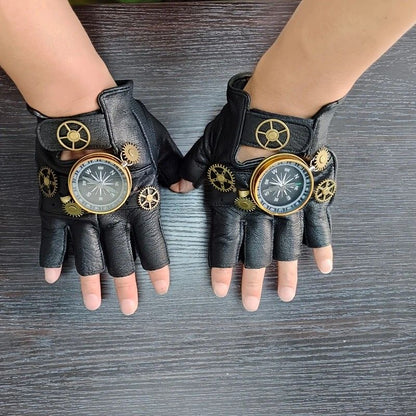 Steampunk Compass Half - Finger Gloves: Pure Sheepskin with Gear Decor, Retro Mechanical Style, Flexible & Versatile。silver
