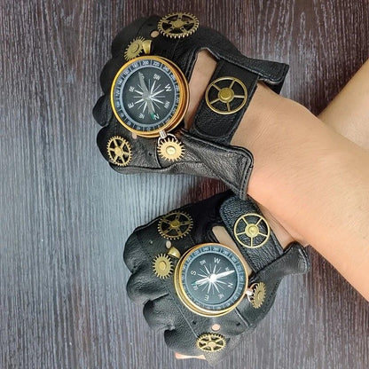 Steampunk Compass Half - Finger Gloves: Pure Sheepskin with Gear Decor, Retro Mechanical Style, Flexible & Versatile。silver