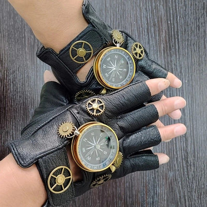 Steampunk Compass Half - Finger Gloves: Pure Sheepskin with Gear Decor, Retro Mechanical Style, Flexible & Versatile。silver
