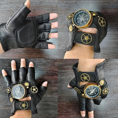 Steampunk Compass Half - Finger Gloves: Pure Sheepskin with Gear Decor, Retro Mechanical Style, Flexible & Versatile。silver