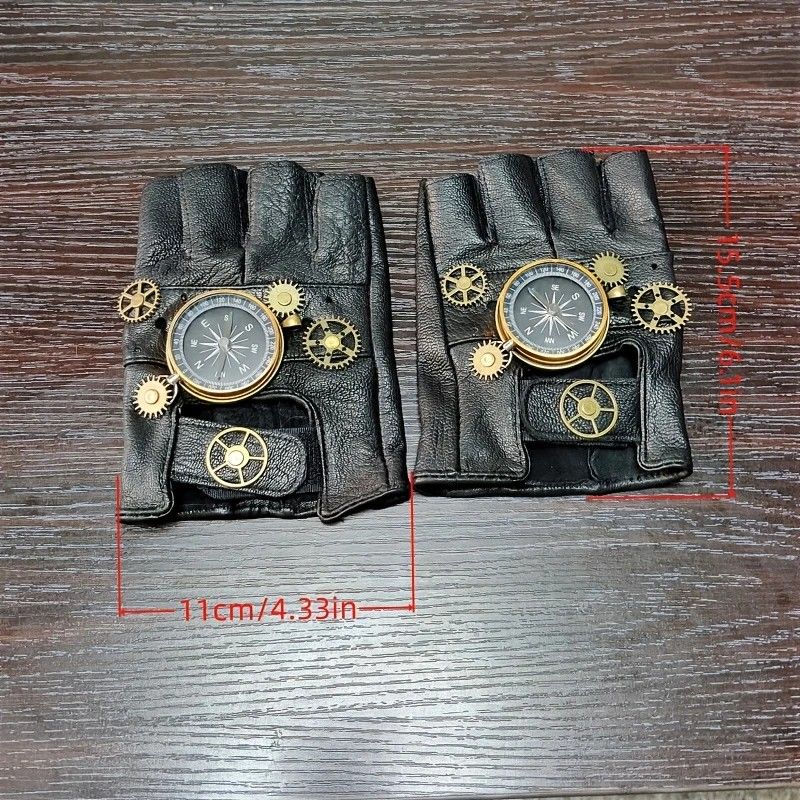 Steampunk Compass Half - Finger Gloves: Pure Sheepskin with Gear Decor, Retro Mechanical Style, Flexible & Versatile。silver