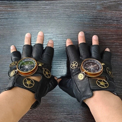 Steampunk Compass Half - Finger Gloves: Pure Sheepskin with Gear Decor, Retro Mechanical Style, Flexible & Versatile。silver
