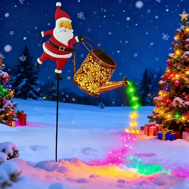 Solar Santa Claus Watering Can Light, IP64 Waterproof Iron Art, Multi-Color Light Effects, Brighten Up Your Outdoor Garden Holiday Ambiance (Warm Light)