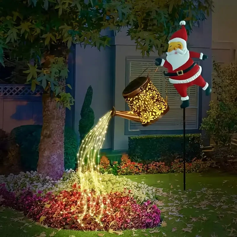 Solar Santa Claus Watering Can Light, IP64 Waterproof Iron Art, Multi-Color Light Effects, Brighten Up Your Outdoor Garden Holiday Ambiance (Warm Light)