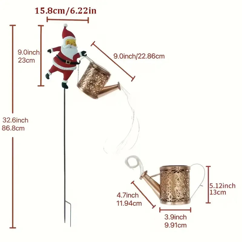 Solar Santa Claus Watering Can Light, IP64 Waterproof Iron Art, Multi-Color Light Effects, Brighten Up Your Outdoor Garden Holiday Ambiance (Warm Light)