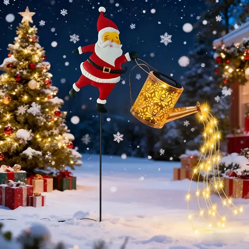 Solar Santa Claus Watering Can Light, IP64 Waterproof Iron Art, Multi-Color Light Effects, Brighten Up Your Outdoor Garden Holiday Ambiance (Warm Light)