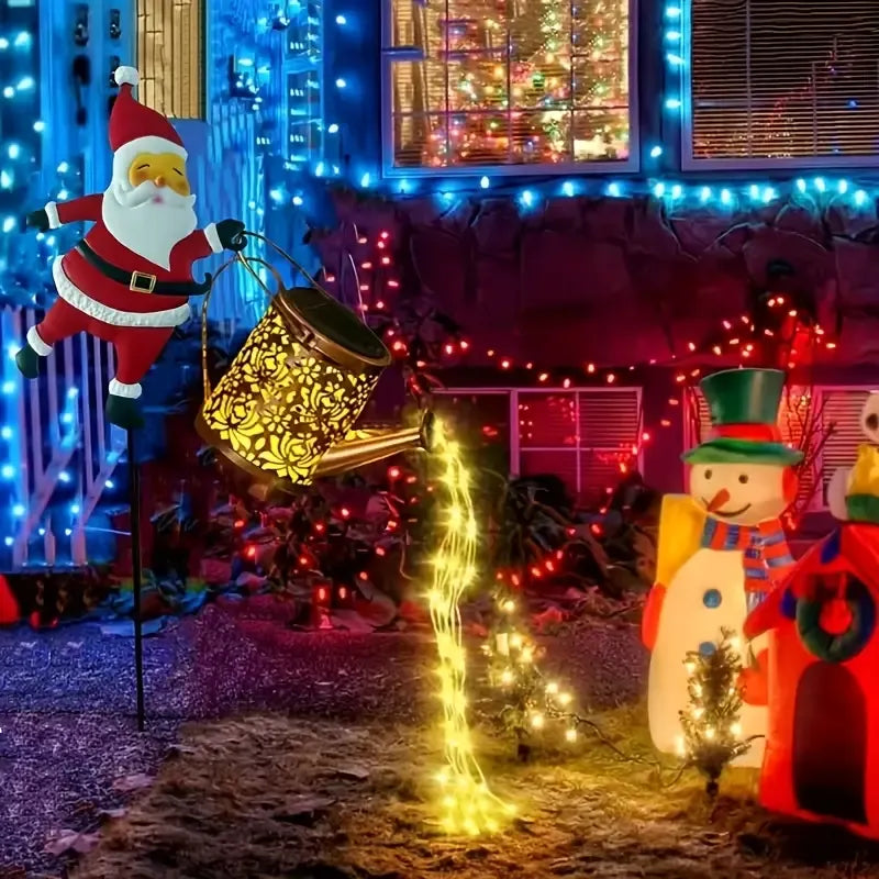 Solar Santa Claus Watering Can Light, IP64 Waterproof Iron Art, Multi-Color Light Effects, Brighten Up Your Outdoor Garden Holiday Ambiance (Colorful Light)