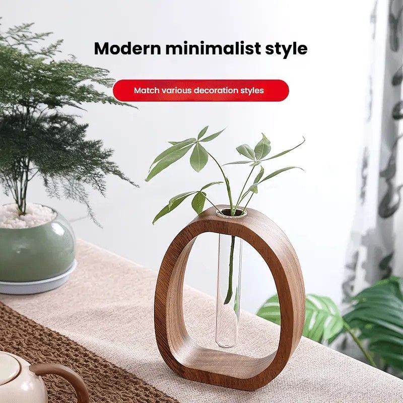 South American Walnut Wangshu Flower Vase: Natural Solid Wood Hand Polished, Ring Design with Glass Tube, Suitable for Fresh Cut and Hydroponic Plants, Space Aesthetic Accent/L SIZE