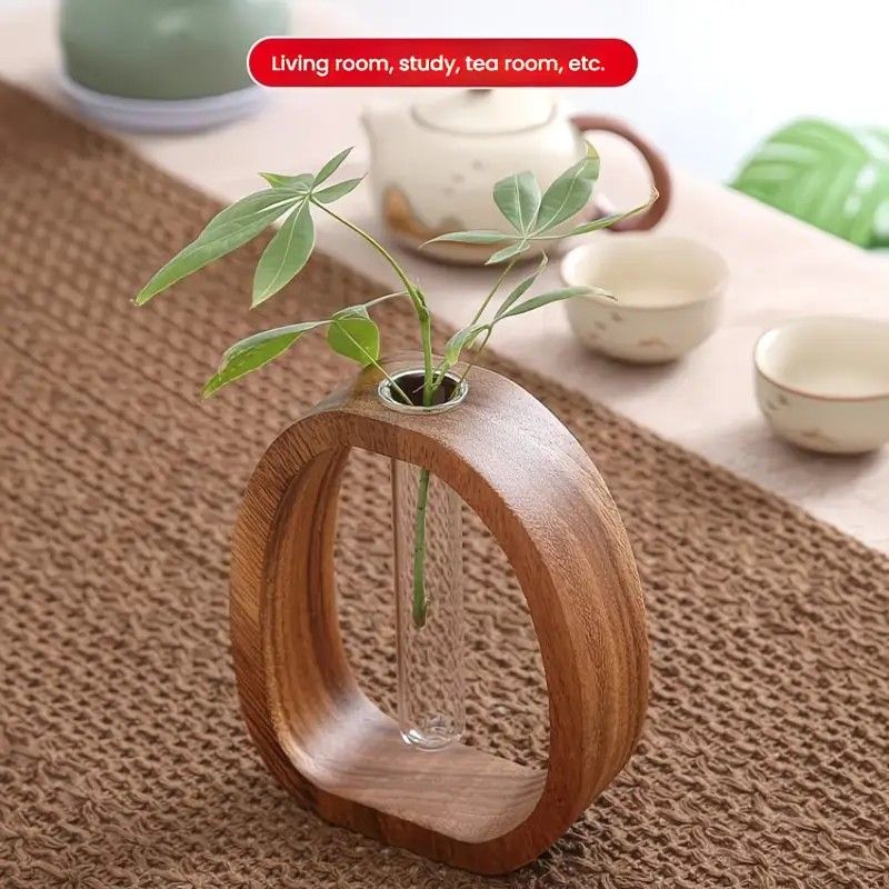 South American Walnut Wangshu Flower Vase: Natural Solid Wood Hand Polished, Ring Design with Glass Tube, Suitable for Fresh Cut and Hydroponic Plants, Space Aesthetic Accent/ S