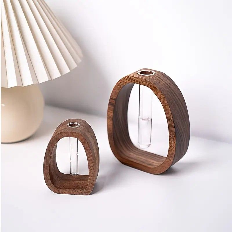 South American Walnut Wangshu Flower Vase: Natural Solid Wood Hand Polished, Ring Design with Glass Tube, Suitable for Fresh Cut and Hydroponic Plants, Space Aesthetic Accent/ S