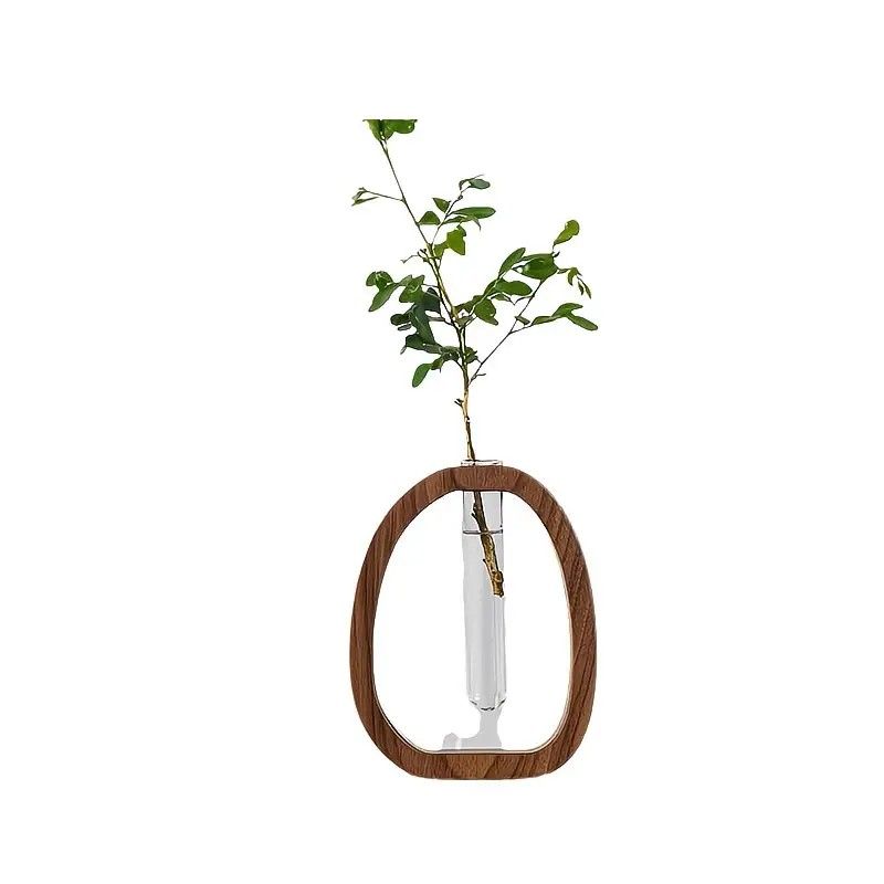 South American Walnut Wangshu Flower Vase: Natural Solid Wood Hand Polished, Ring Design with Glass Tube, Suitable for Fresh Cut and Hydroponic Plants, Space Aesthetic Accent/ S