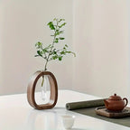 South American Walnut Wangshu Flower Vase: Natural Solid Wood Hand Polished, Ring Design with Glass Tube, Suitable for Fresh Cut and Hydroponic Plants, Space Aesthetic Accent/ S