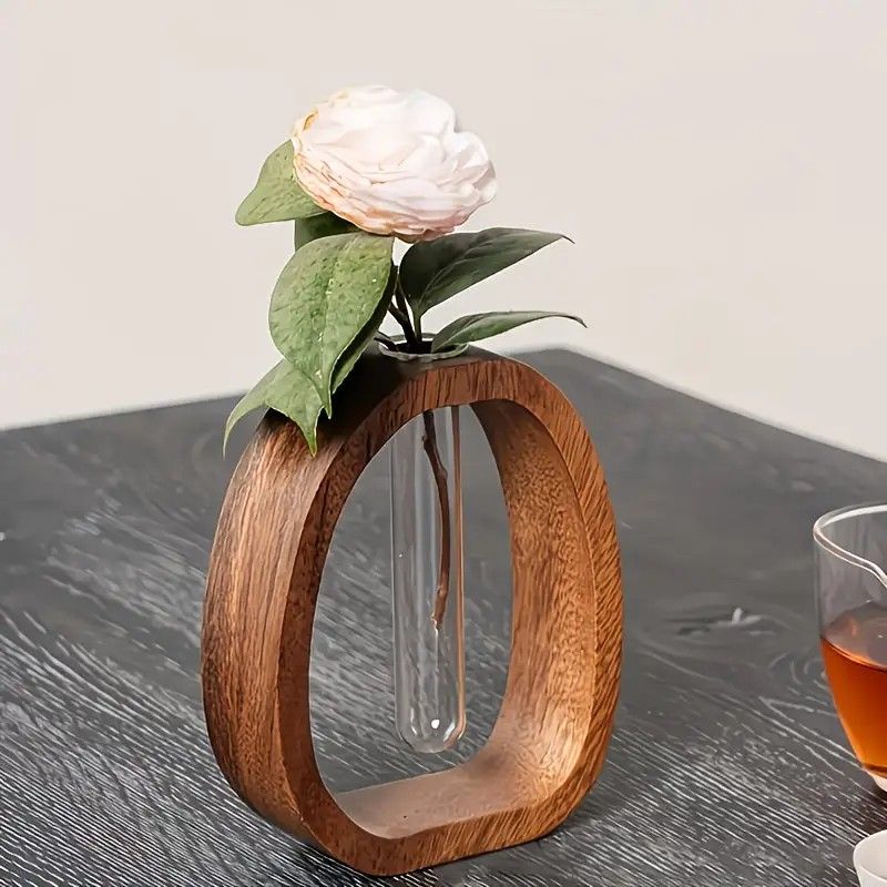 South American Walnut Wangshu Flower Vase: Natural Solid Wood Hand Polished, Ring Design with Glass Tube, Suitable for Fresh Cut and Hydroponic Plants, Space Aesthetic Accent/ S