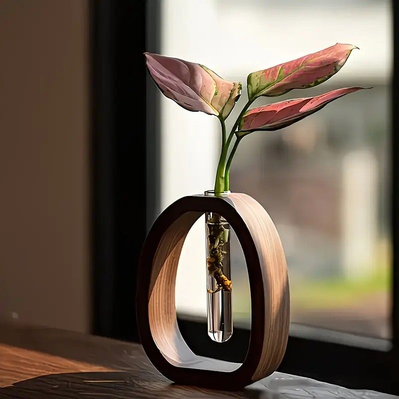 South American Walnut Wangshu Flower Vase: Natural Solid Wood Hand Polished, Ring Design with Glass Tube, Suitable for Fresh Cut and Hydroponic Plants, Space Aesthetic Accent/ S