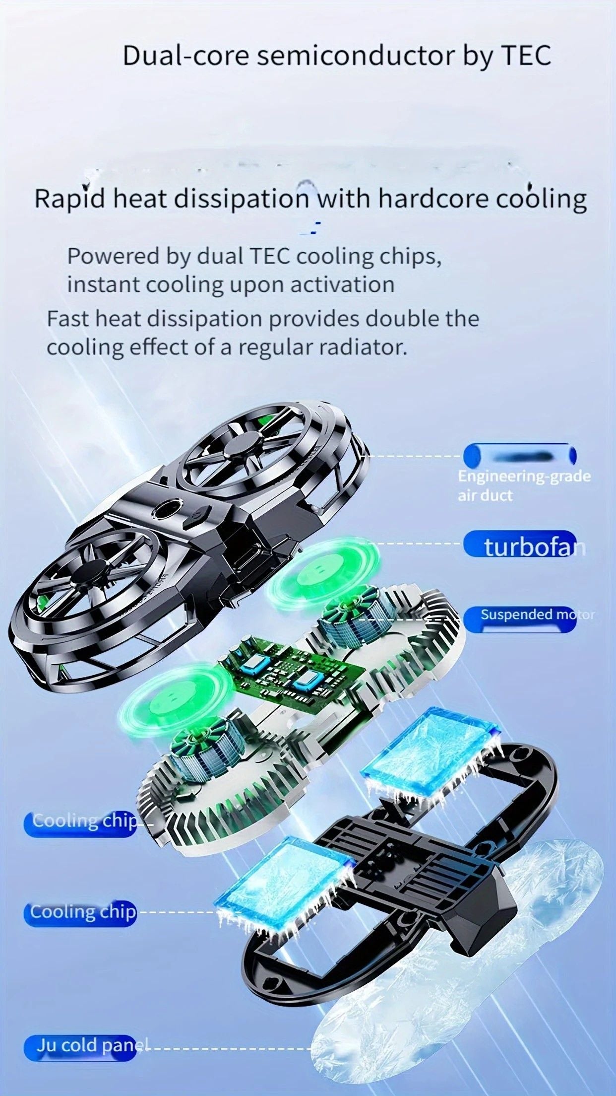 Semiconductor Cooling Fan Back Clip, Instant 3-Second Cooling, Large Area Heat Dissipation, Compatible with All Phone Models, Unobstructed Camera View for Live Streaming & Gaming.（Universal wheel payment）