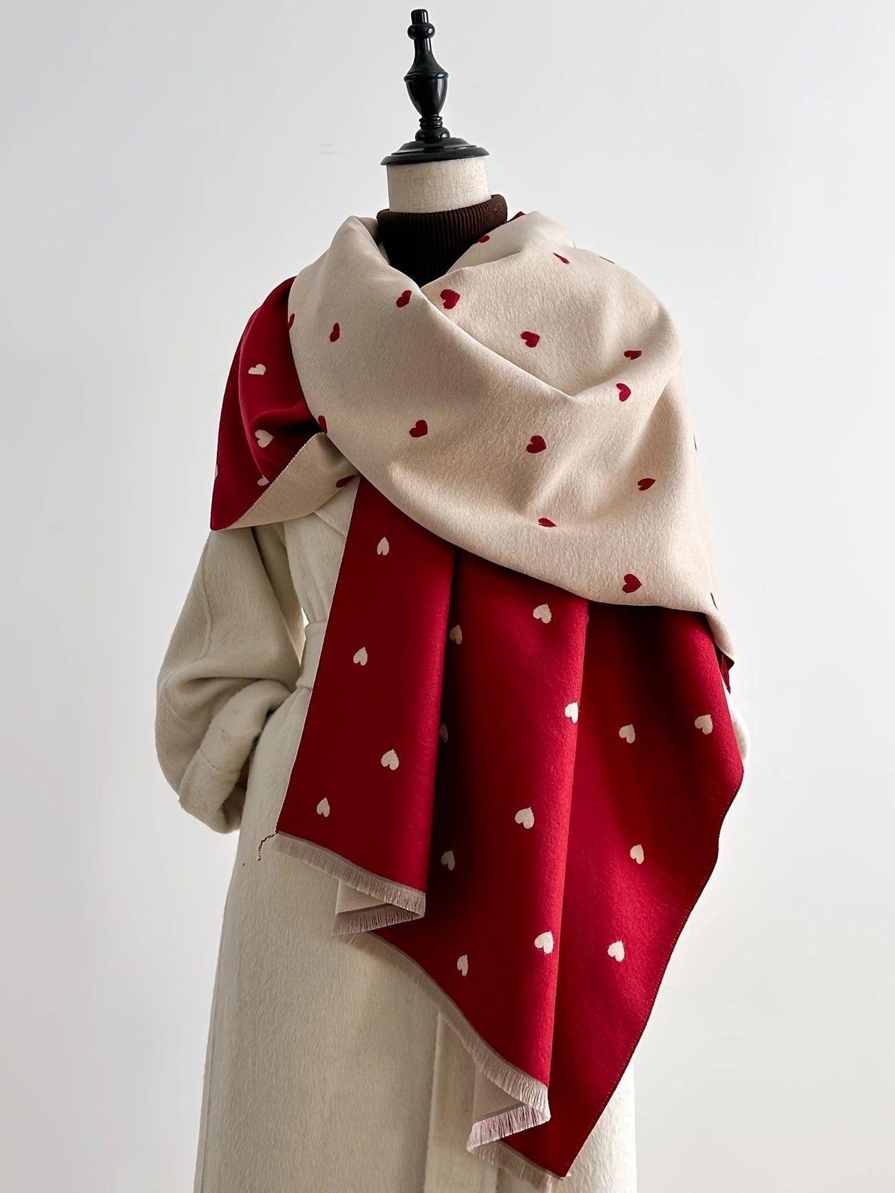 Modern Love Double-sided Shawl, Faux Cashmere Autumn Winter Fringe Oversized Fashion Versatile Warm Scarf(red)