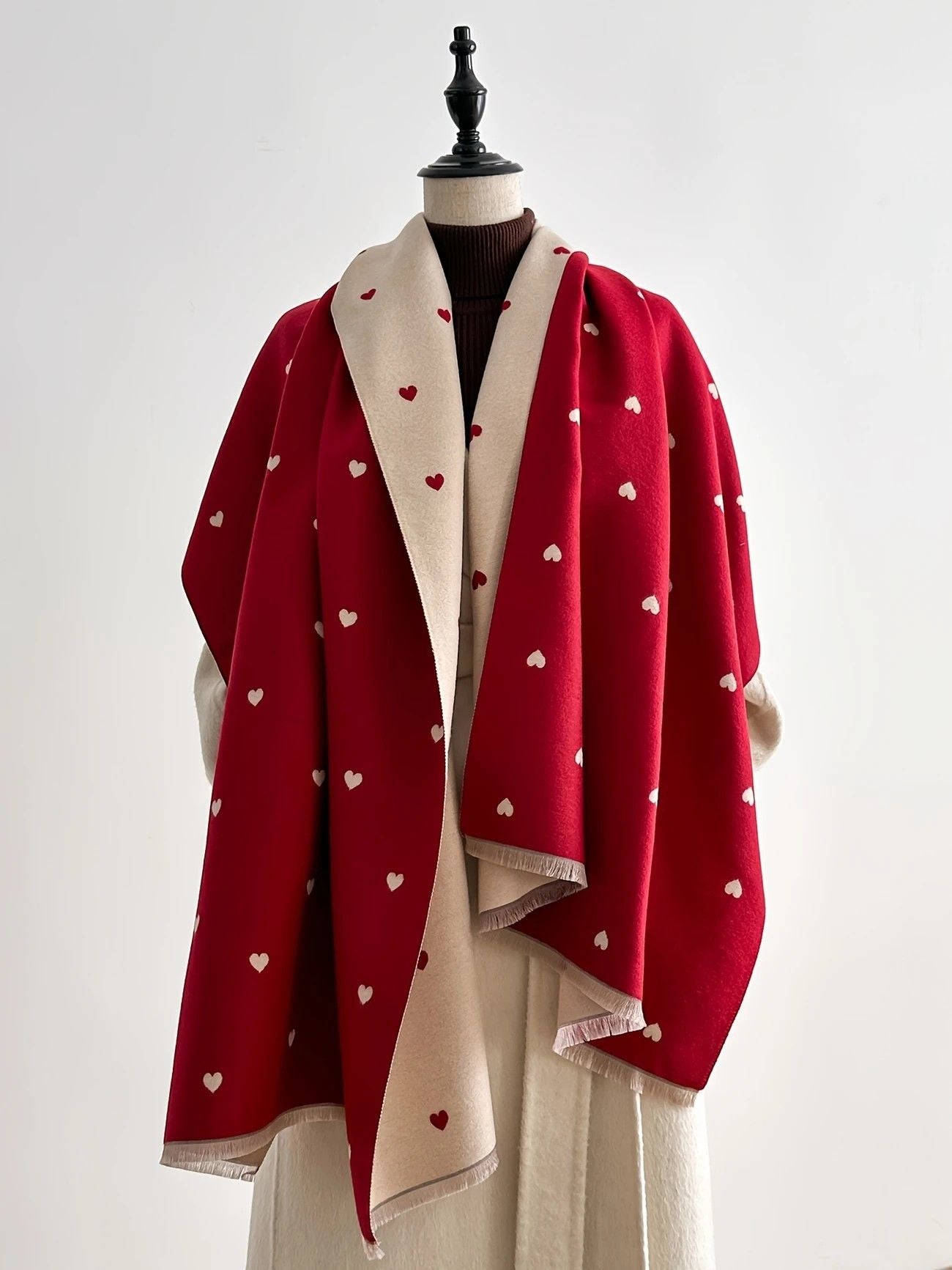 Modern Love Double-sided Shawl, Faux Cashmere Autumn Winter Fringe Oversized Fashion Versatile Warm Scarf(red)