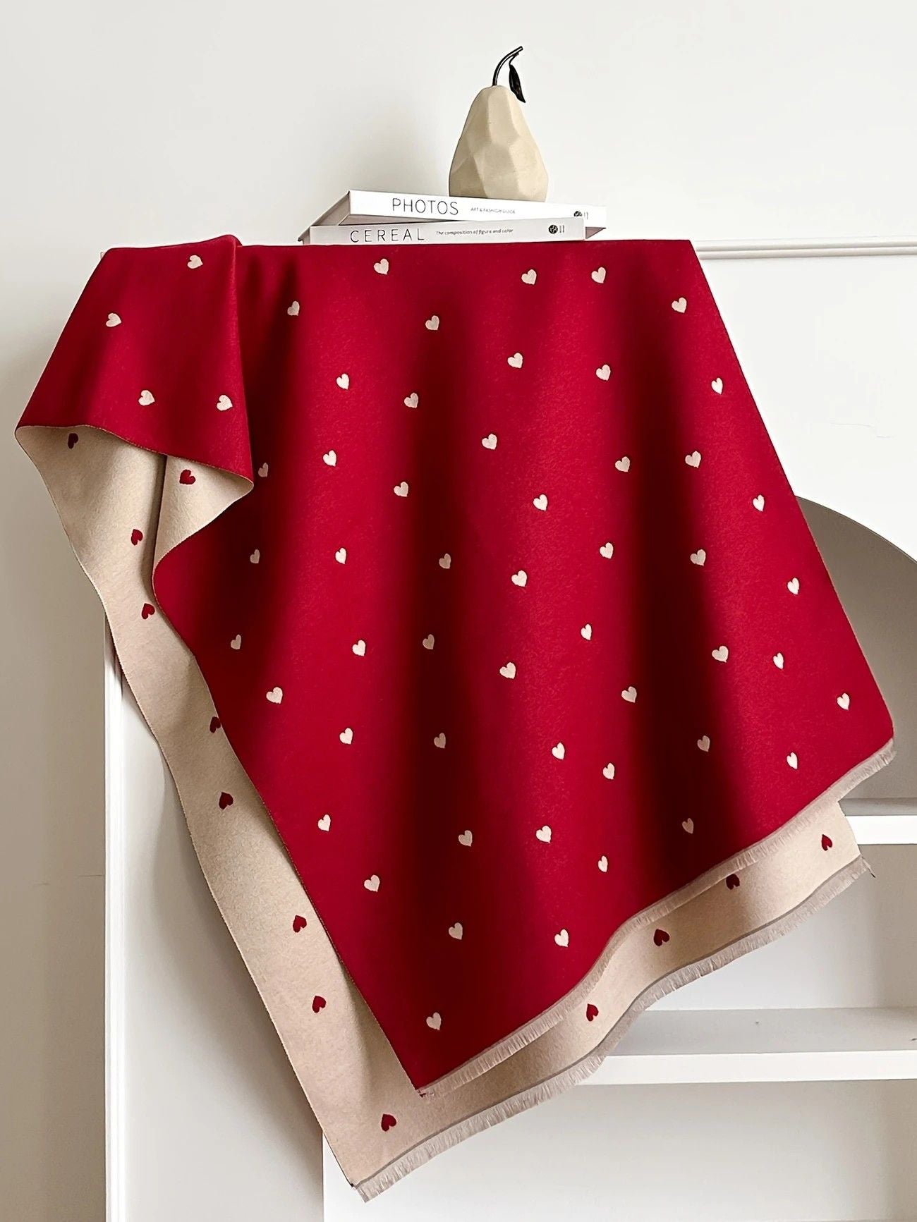 Modern Love Double-sided Shawl, Faux Cashmere Autumn Winter Fringe Oversized Fashion Versatile Warm Scarf(red)