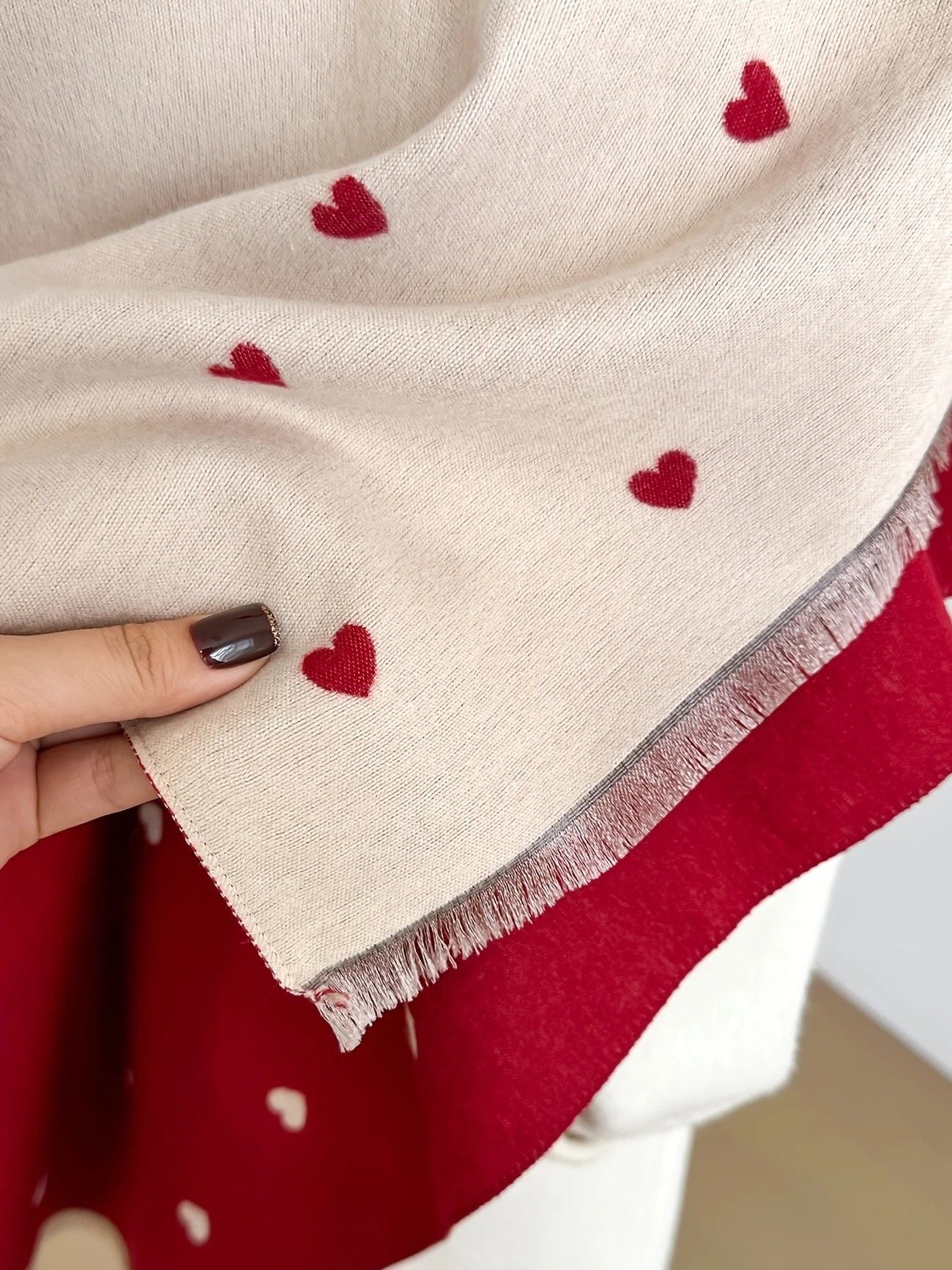 Modern Love Double-sided Shawl, Faux Cashmere Autumn Winter Fringe Oversized Fashion Versatile Warm Scarf(red)