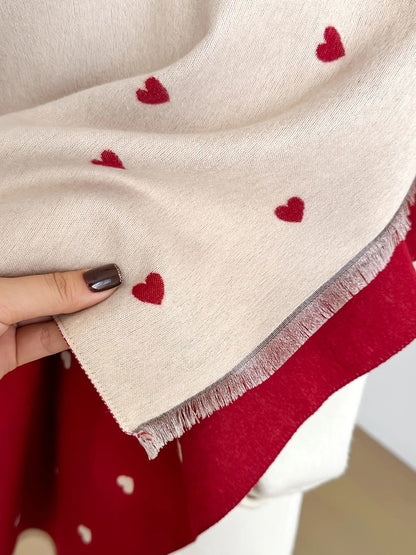 Modern Love Double-sided Shawl, Faux Cashmere Autumn Winter Fringe Oversized Fashion Versatile Warm Scarf(red)