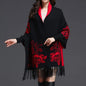 Double-sided Jacquard Cheongsam Shawl, Color-Blocked Fringed Cape Design, Autumn/Winter Fashion & Warmth Two-in-One Scarf(BLACK)