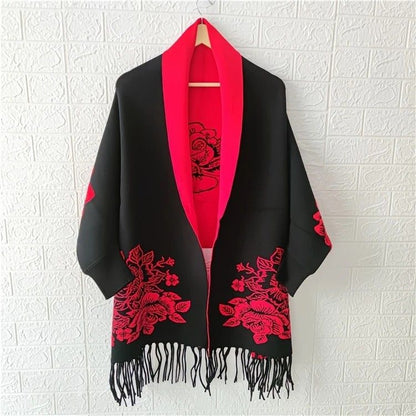Double-sided Jacquard Cheongsam Shawl, Color-Blocked Fringed Cape Design, Autumn/Winter Fashion & Warmth Two-in-One Scarf(BLACK)