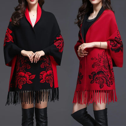 Double-sided Jacquard Cheongsam Shawl, Color-Blocked Fringed Cape Design, Autumn/Winter Fashion & Warmth Two-in-One Scarf(BLACK)