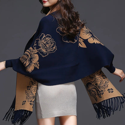 Double-sided Jacquard Cheongsam Shawl, Color-Blocked Fringed Cape Design, Autumn/Winter Fashion & Warmth Two-in-One Scarf(BLACK)