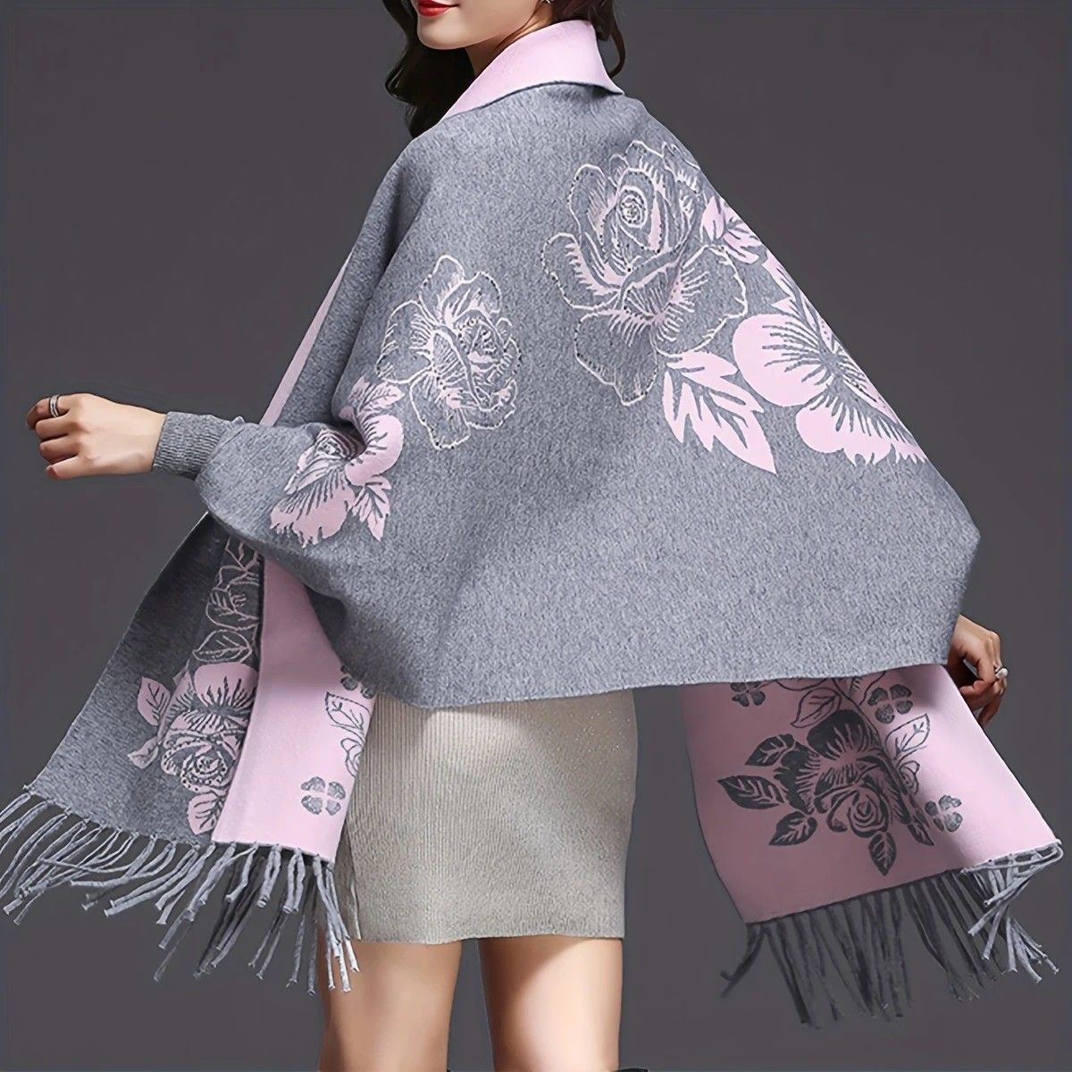 Double-sided Jacquard Cheongsam Shawl, Color-Blocked Fringed Cape Design, Autumn/Winter Fashion & Warmth Two-in-One Scarf(BLACK)