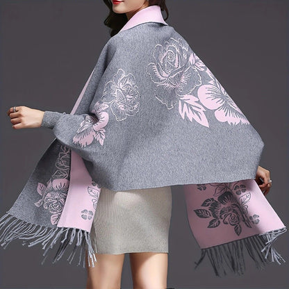 Double-sided Jacquard Cheongsam Shawl, Color-Blocked Fringed Cape Design, Autumn/Winter Fashion & Warmth Two-in-One Scarf(BLACK)