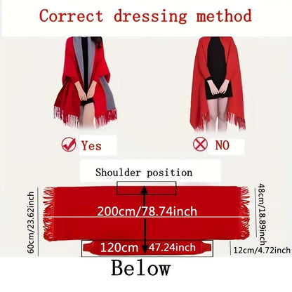 Double-sided Jacquard Cheongsam Shawl, Color-Blocked Fringed Cape Design, Autumn/Winter Fashion & Warmth Two-in-One Scarf(BLACK)