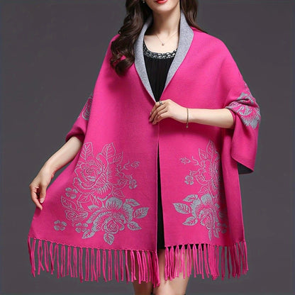 Double-sided Jacquard Cheongsam Shawl, Color-Blocked Fringed Cape Design, Autumn/Winter Fashion & Warmth Two-in-One Scarf(BLACK)
