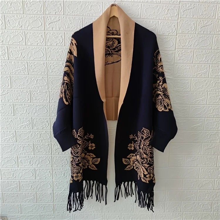 Double-sided Jacquard Cheongsam Shawl, Color-Blocked Fringed Cape Design, Autumn/Winter Fashion & Warmth Two-in-One Scarf(khaki)