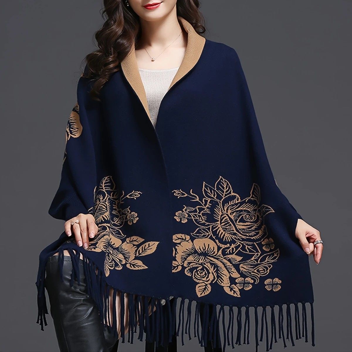Double-sided Jacquard Cheongsam Shawl, Color-Blocked Fringed Cape Design, Autumn/Winter Fashion & Warmth Two-in-One Scarf(rose-carmine)