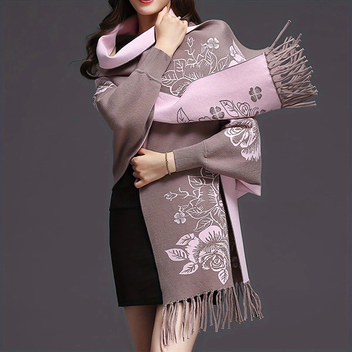 Double-sided Jacquard Cheongsam Shawl, Color-Blocked Fringed Cape Design, Autumn/Winter Fashion & Warmth Two-in-One Scarf(rose-carmine)