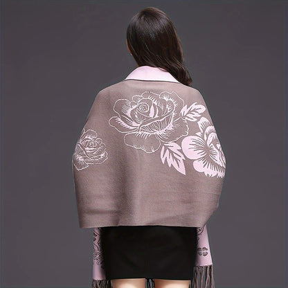 Double-sided Jacquard Cheongsam Shawl, Color-Blocked Fringed Cape Design, Autumn/Winter Fashion & Warmth Two-in-One Scarf(rose-carmine)
