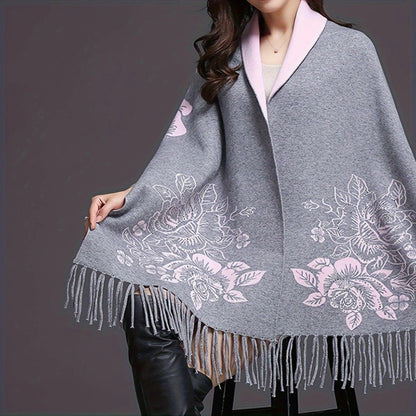Double-sided Jacquard Cheongsam Shawl, Color-Blocked Fringed Cape Design, Autumn/Winter Fashion & Warmth Two-in-One Scarf(rose-carmine)