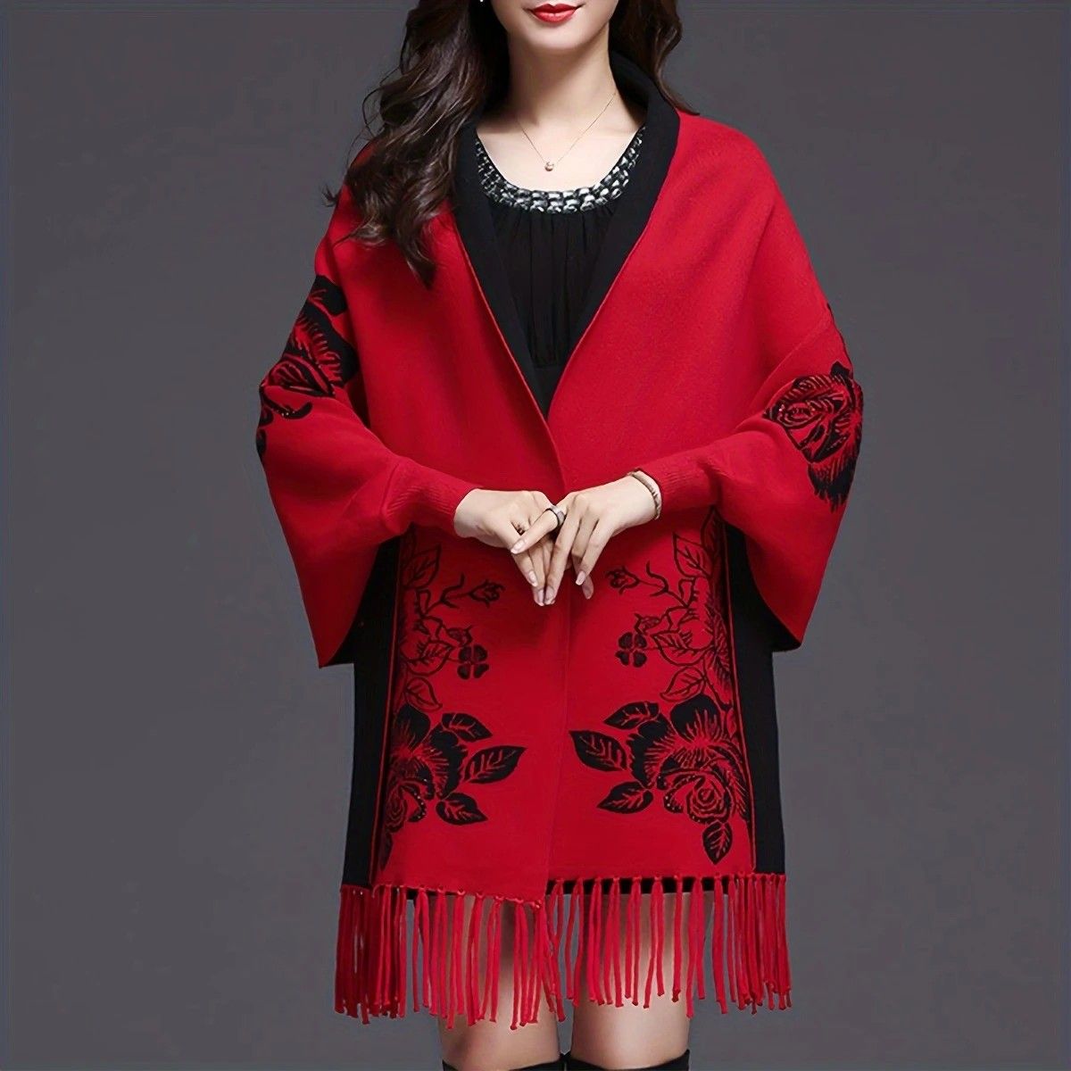 Double-sided Jacquard Cheongsam Shawl, Color-Blocked Fringed Cape Design, Autumn/Winter Fashion & Warmth Two-in-One Scarf(rose-carmine)