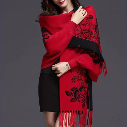 Double-sided Jacquard Cheongsam Shawl, Color-Blocked Fringed Cape Design, Autumn/Winter Fashion & Warmth Two-in-One Scarf(rose-carmine)