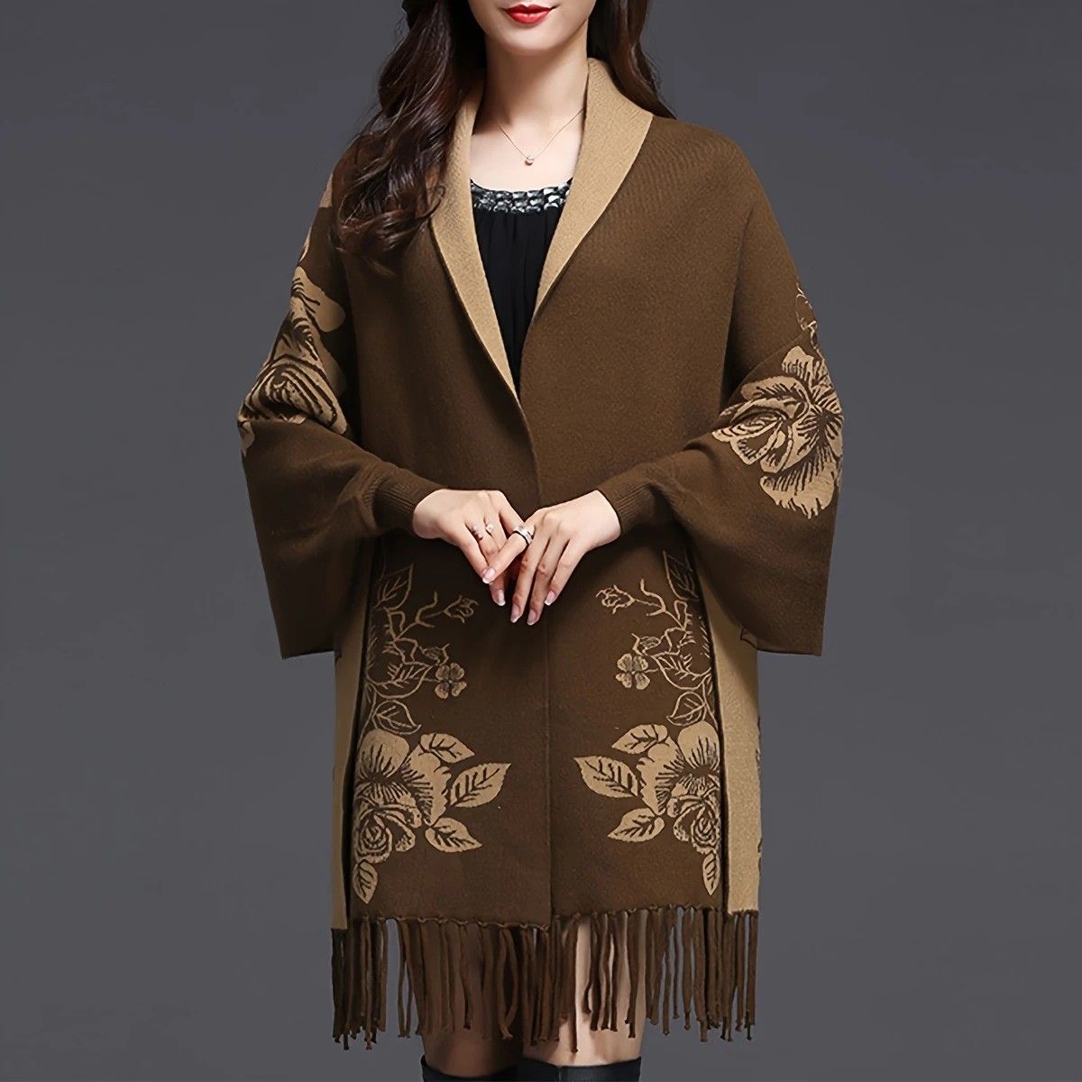 Double-sided Jacquard Cheongsam Shawl, Color-Blocked Fringed Cape Design, Autumn/Winter Fashion & Warmth Two-in-One Scarf(rose-carmine)
