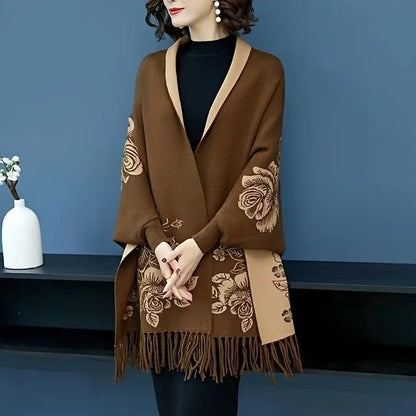 Double-sided Jacquard Cheongsam Shawl, Color-Blocked Fringed Cape Design, Autumn/Winter Fashion & Warmth Two-in-One Scarf(navy blue)