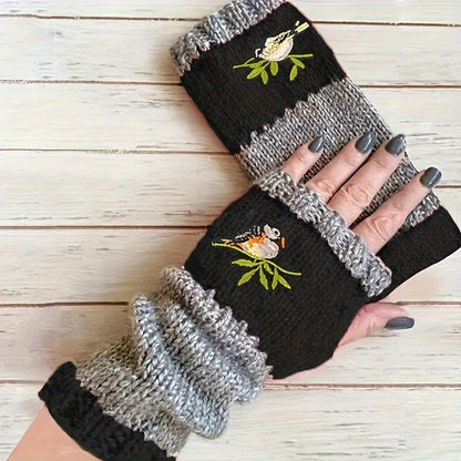 Color-Block Bird Embroidered Fingerless Knit Gloves – Warm, Flexible, Perfect for Daily Autumn/Winter Use, 8.5×22cm Stylish Practical Commute Hand-Warming Essential(black)