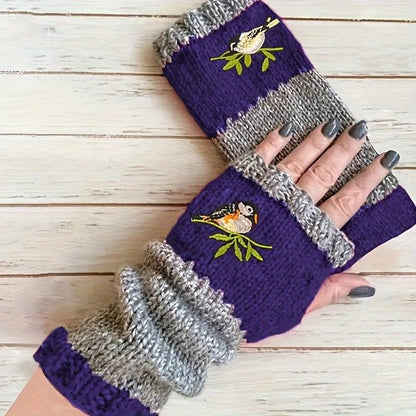 Color-Block Bird Embroidered Fingerless Knit Gloves – Warm, Flexible, Perfect for Daily Autumn/Winter Use, 8.5×22cm Stylish Practical Commute Hand-Warming Essential(black)