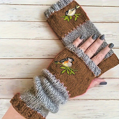 Color-Block Bird Embroidered Fingerless Knit Gloves – Warm, Flexible, Perfect for Daily Autumn/Winter Use, 8.5×22cm Stylish Practical Commute Hand-Warming Essential(black)