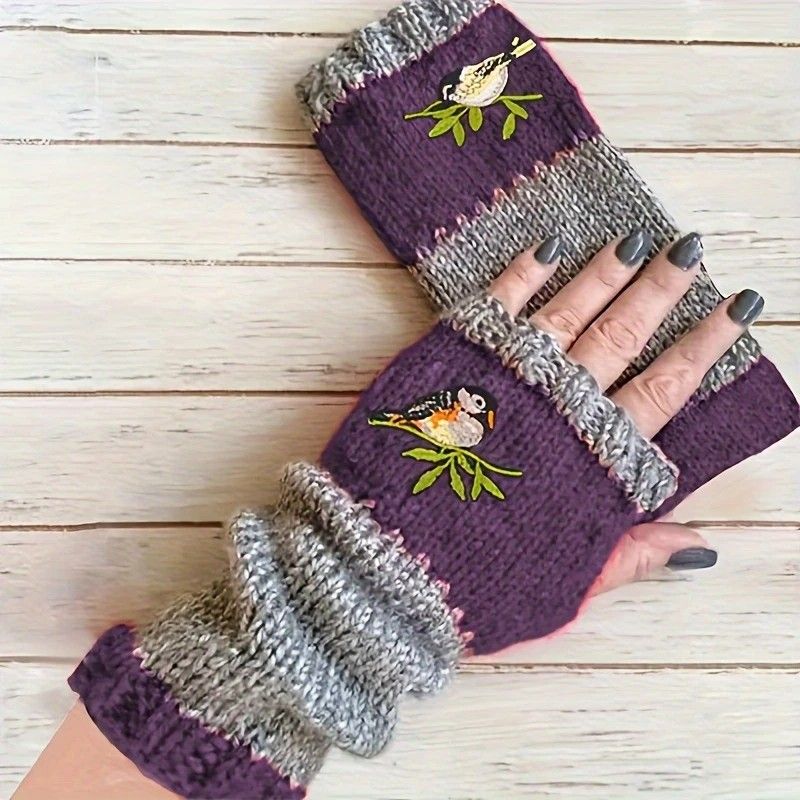 Color-Block Bird Embroidered Fingerless Knit Gloves – Warm, Flexible, Perfect for Daily Autumn/Winter Use, 8.5×22cm Stylish Practical Commute Hand-Warming Essential(black)