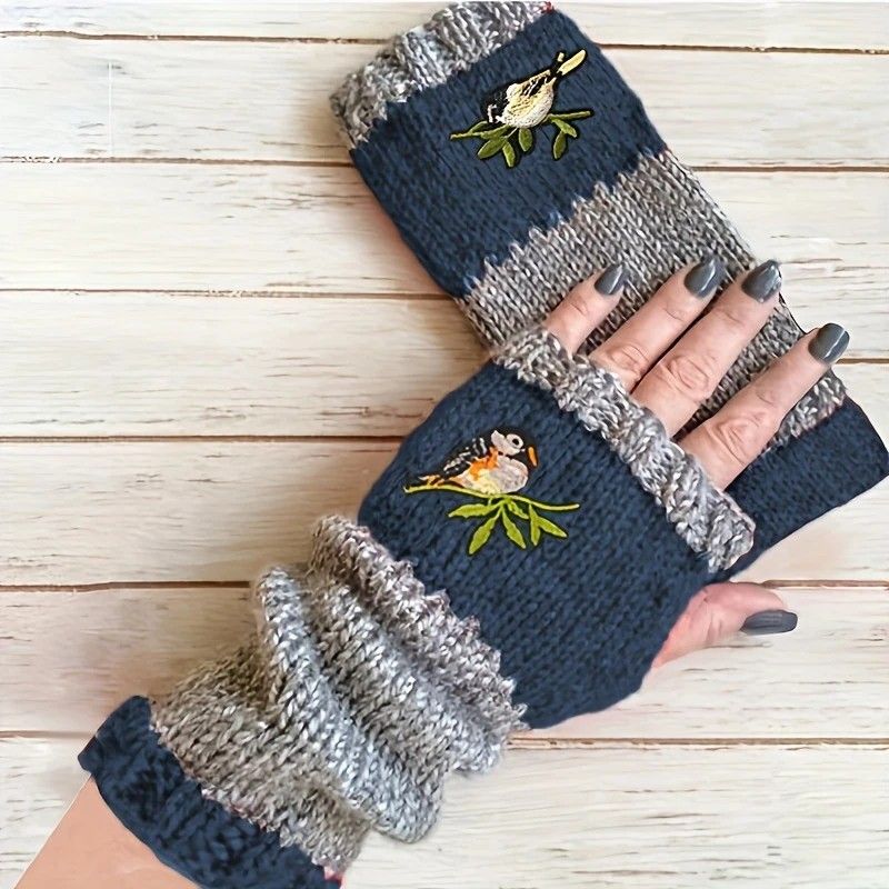 Color-Block Bird Embroidered Fingerless Knit Gloves – Warm, Flexible, Perfect for Daily Autumn/Winter Use, 8.5×22cm Stylish Practical Commute Hand-Warming Essential(GREEN)